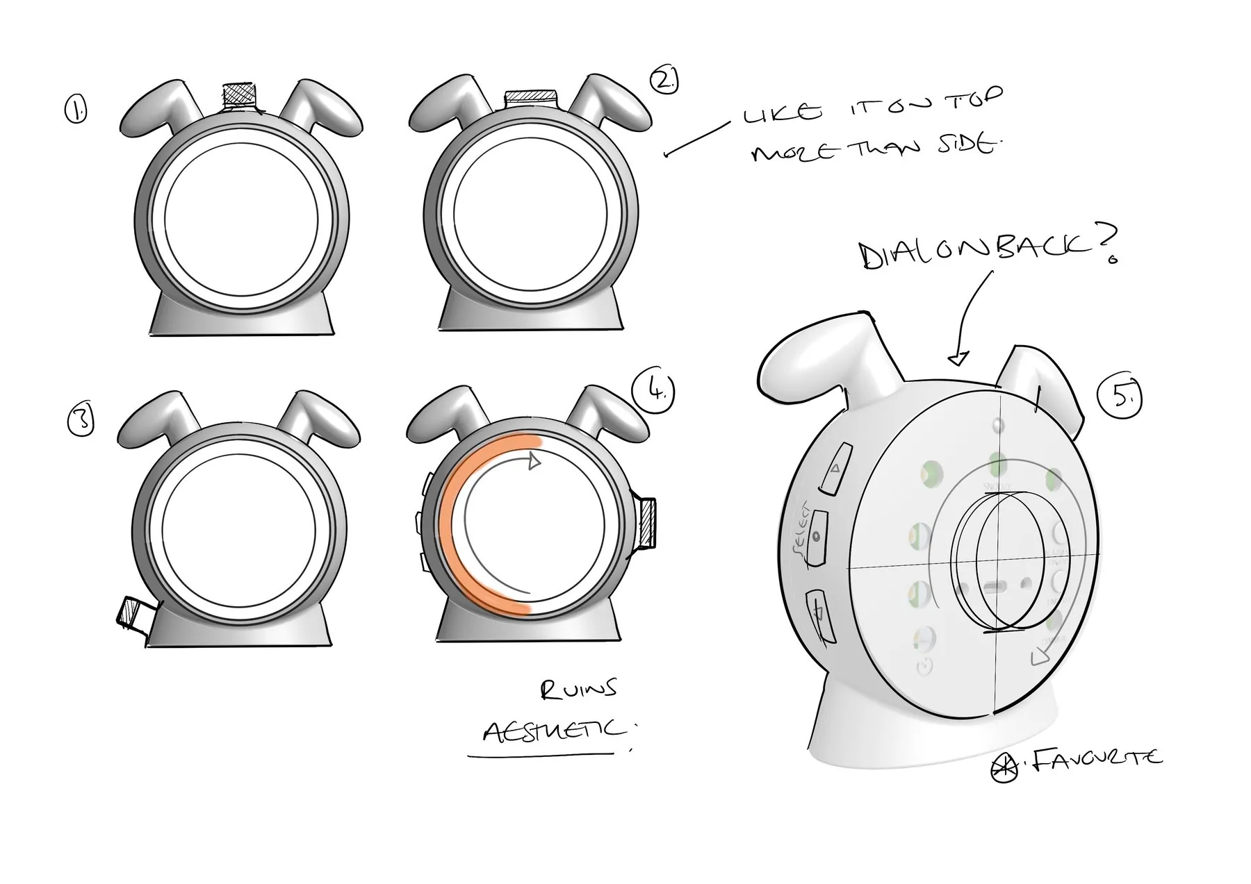 Hand-annotated concept sketches of the SilentBuddy device exploring where the controls should sit, with the dial on the back marked as the favourite
