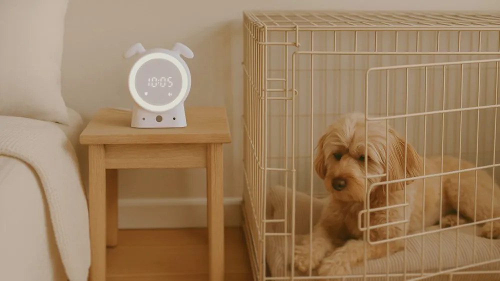 A dog resting calmly in its crate beside SilentBuddy on a side table
